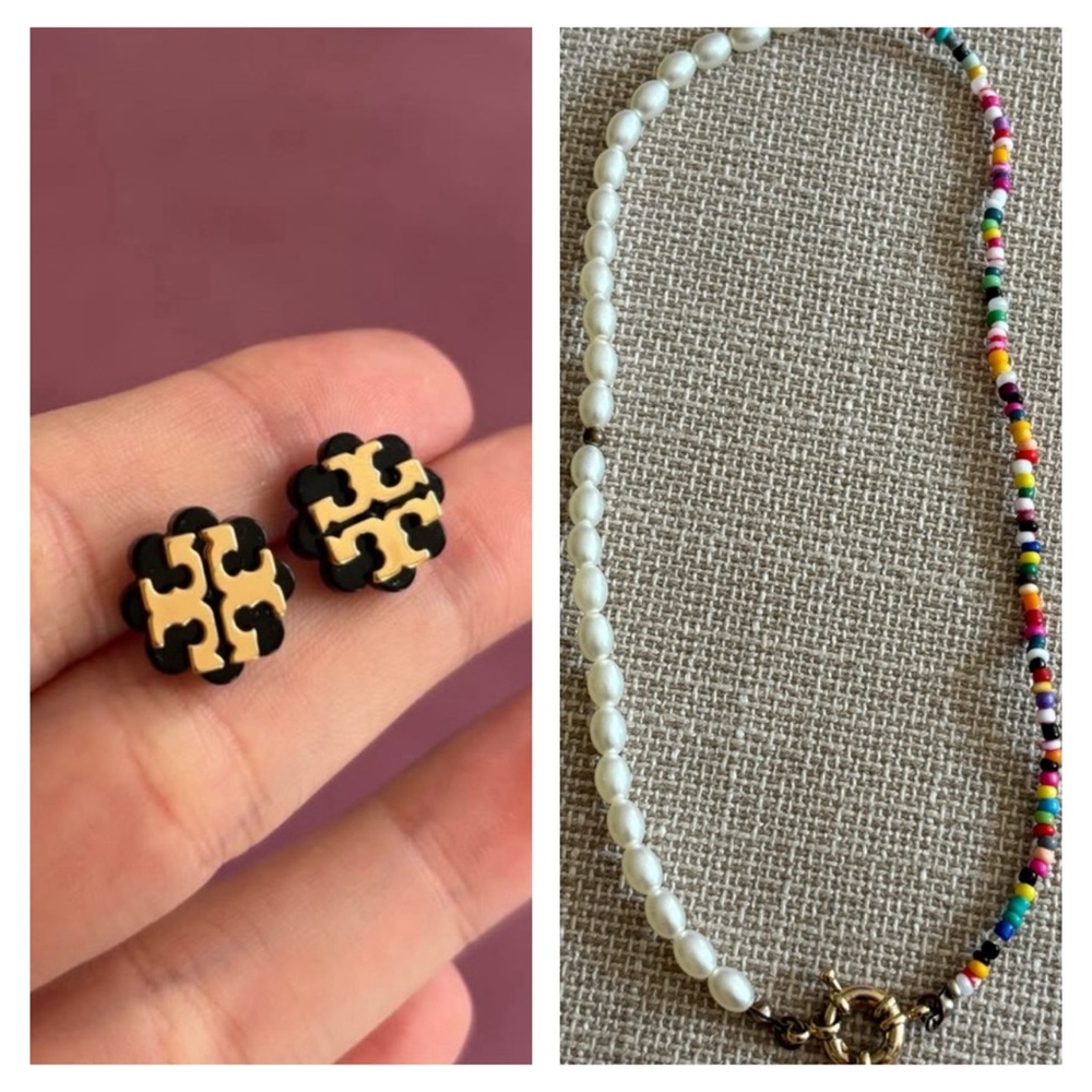 tory burch studs and pearl necklace